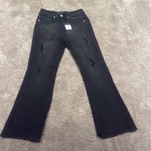 Black Flare Wide Leg Jeans with Distressing super stretchy risen brand